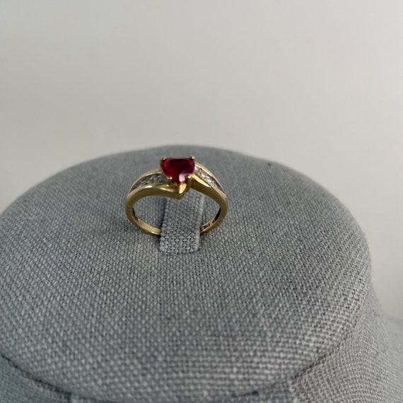 THL 10K Signed Gold Synthetic Ruby Heart and Diamond Bypass Ring