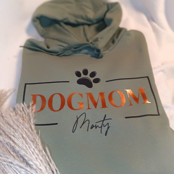 DOGMOM Hoodie personalisiert mit Name - Hundemama Hoodie - Dog Mom Hoodie - Hoodie Hunde Mama - Geschenkidee - Hunde Kapuzenpullover