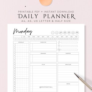 Daily Planner Printable PDF with 10 minutes planner and 24-hour hourly timeline in A4, A5, US Letter and Letter half size｜Wellness Compact
