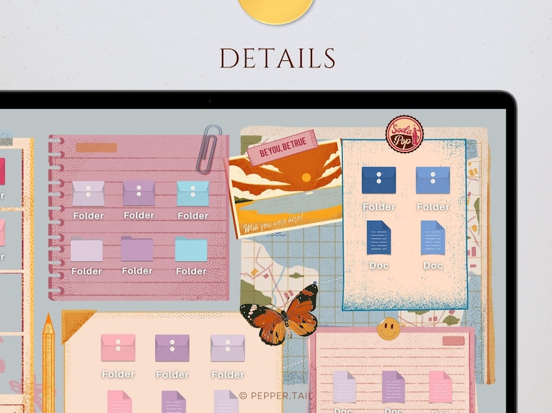 May include: A digital desktop screen with a pink and blue color scheme. The screen shows a variety of folders and documents with the text "BE YOU, BE TRUE" and "Soda Pop" on the screen.