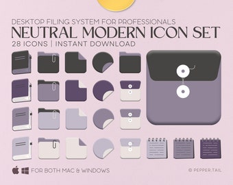 May include: A set of 28 neutral modern icons for desktop filing systems. The icons are in various shades of grey, purple, and beige. The icons include folders, notebooks, and documents. The text "DESKTOP FILING SYSTEM FOR PROFESSIONALS" and "NEUTRAL MODERN ICON SET" is at the top of the image. The text "28 ICONS | INSTANT DOWNLOAD" is below the icons. The text "FOR BOTH MAC & WINDOWS" is at the bottom of the image. The text "PEPPER.TAIL" is in the bottom right corner of the image.