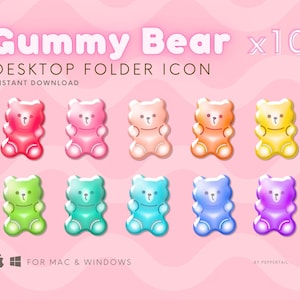 May include: Set of ten colourful gummy bear folder icons for desktop use. The icons are in various colours, including red, pink, orange, yellow, green, blue, and purple. The icons are designed to look like gummy bears.