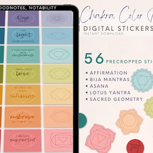May include: A digital sticker set for Goodnotes and Notability featuring 56 precropped stickers with chakra colors, affirmations, bija mantras, asana, lotus yantra, and sacred geometry. The stickers are designed for digital planners and journals.