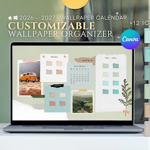 2026-2027 Desktop Organizer Wallpaper, Customizable Canva Template in Green, Mac/Windows Icons