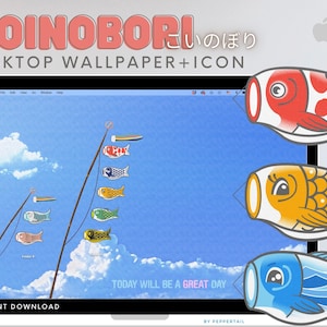 Peut inclure: Un fond d'écran numérique pour ordinateur de bureau représentant un ciel bleu avec des nuages blancs et des banderoles de carpes colorées, appelées koinobori, suspendues à des poteaux. Le texte "TODAY WILL BE A GREAT DAY" est affiché sur le fond d'écran. Le fond d'écran est affiché sur l'écran d'un ordinateur portable avec le titre "KOINOBORI いのぼり DESKTOP WALLPAPER+ICON" au-dessus de l'écran.
