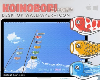May include: A digital desktop wallpaper featuring a blue sky with white clouds and colorful carp streamers, known as koinobori, hanging from poles. The text "TODAY WILL BE A GREAT DAY" is displayed on the wallpaper. The wallpaper is displayed on a laptop screen with the title "KOINOBORI いのぼり DESKTOP WALLPAPER+ICON" above the screen.