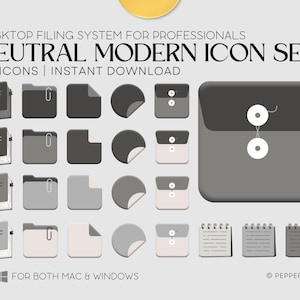 Neutral Modern Charcoal Desktop Icons｜Desktop theme with Gray desktop folder icons｜Compatible with Mac and Windows｜Macbook folder icons
