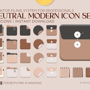 Puede incluir: Un conjunto de 28 iconos de color neutro para sistemas de archivo de escritorio. Los iconos presentan un diseño moderno con una variedad de formas, incluyendo carpetas, cuadernos y sobres. Los iconos están diseñados para los sistemas operativos Mac y Windows.