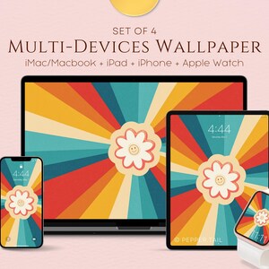 Multi Device Wallpaper Set of 4｜Retro Smiling Daisy Radiating Positivity wallpaper｜Macbook wallpaper Desktop Wallpaper｜iPad iMac wallpaper