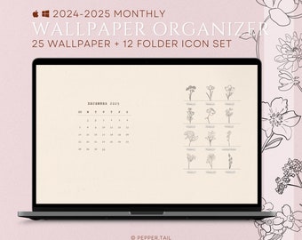 2024-2025 Minimal Floral Desktop Organize Wallpaper Calendar + Folder Icon SET｜Desktop background｜macbook desktop organize｜Desktop Wallpaper