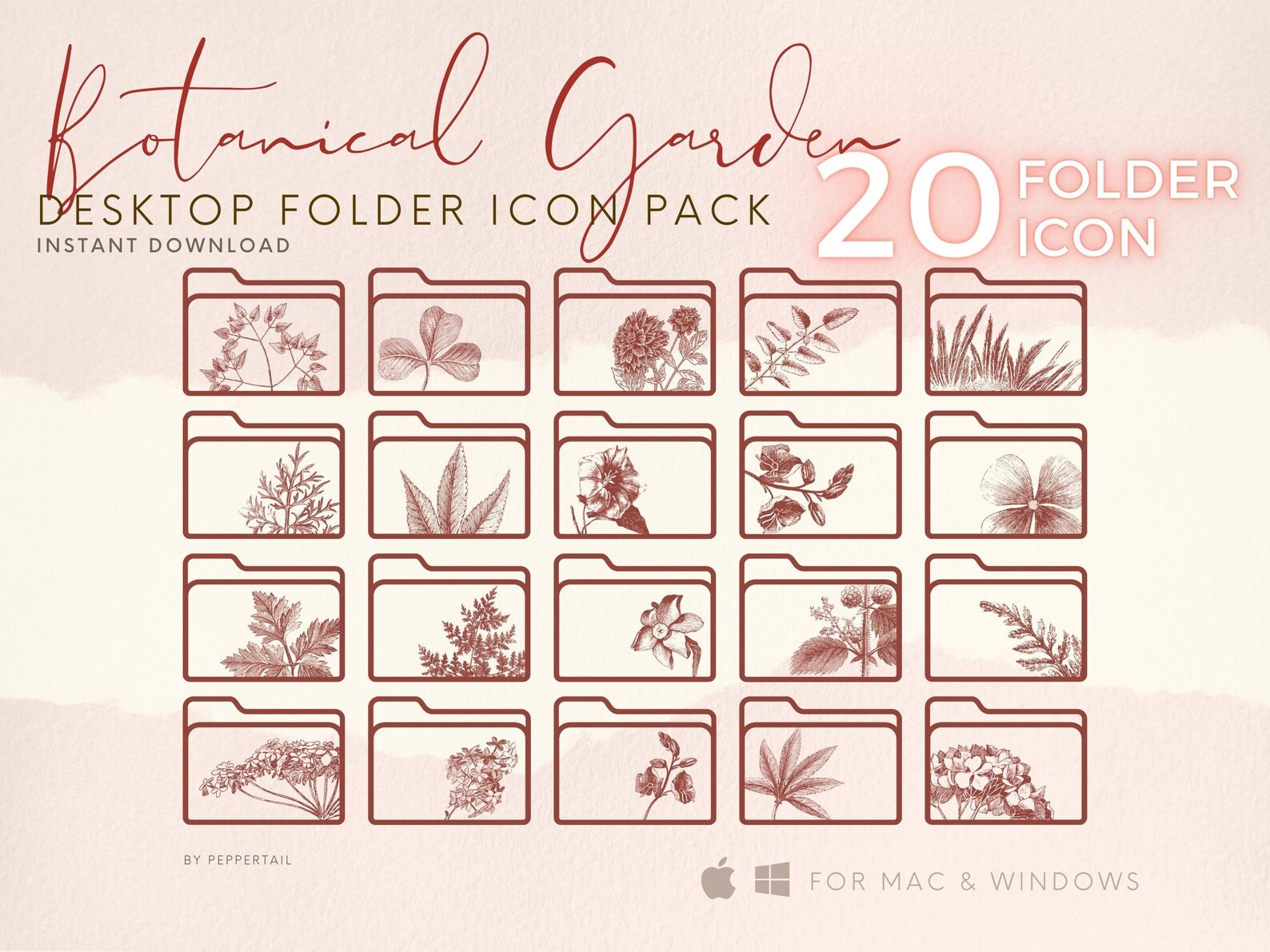 Botanical Desktop Folder Icons - Red Minimalist Organizer (PNG & ICO ...