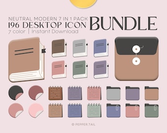 May include: A set of 196 neutral colored desktop icons in 7 different colors. The icons include folders, notebooks, and books. The icons are designed in a modern style and are perfect for organizing your desktop.