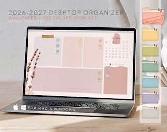 Organizador de escritorio 2026-2027 en tonos pastel arcoíris y conjunto de iconos de carpetas para Mac, fondo de pantalla de escritorio, calendario digital, iconos de carpetas de escritorio