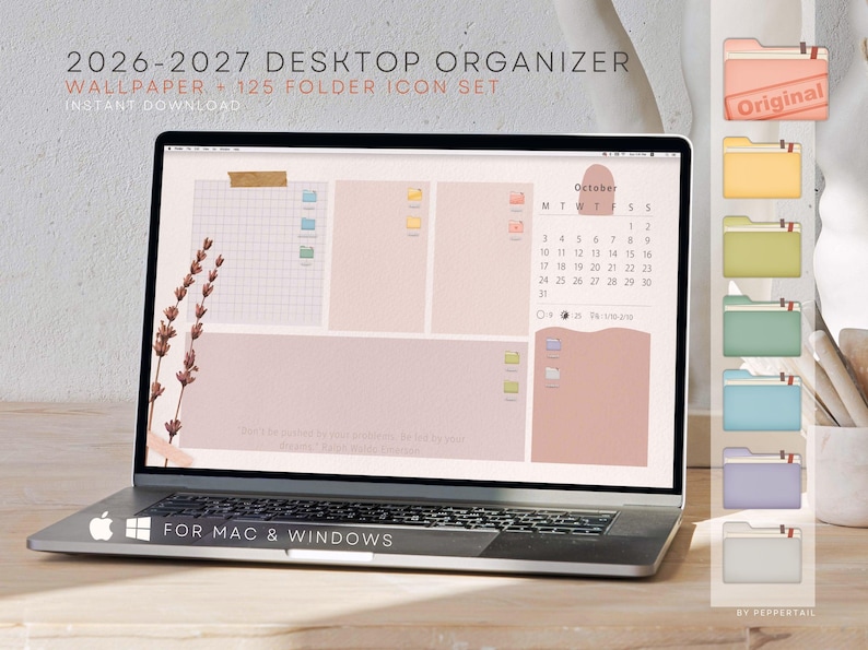 2026-2027 Desktop Organizer Wallpaper in Rainbow Pastel and Folder Icon Set for Mac,Desktop Wallpaper,Digital Calendar,Desktop folder icons image 1
