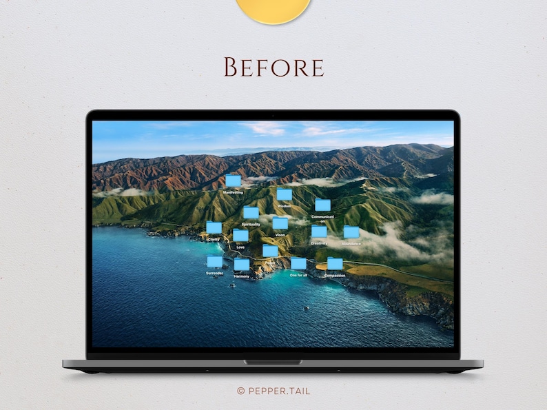 May include: A laptop computer screen displaying a scenic landscape with mountains and a body of water. The screen also shows a grid of blue folders with various names, including "Love", "Harmony", "Compassion", and "One for all".
