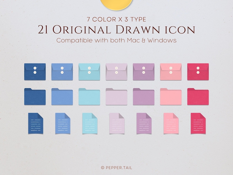 May include: A set of 21 original drawn icons in 7 colors, including blue, light blue, pink, purple, red, and gray. The icons are in three styles: a folder, an envelope, and a document. The text on the image reads "7 COLOR X 3 TYPE 21 ORIGINAL DRAWN ICON Compatible with both Mac & Windows".