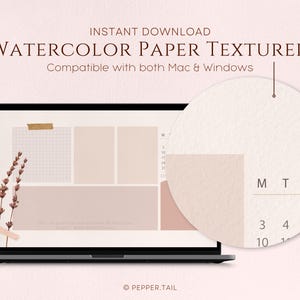 May include: A laptop computer screen displaying a digital desktop calendar with a watercolor paper texture. The calendar is in a light pink color scheme with a floral design and a note section. The text "October" is visible on the calendar.