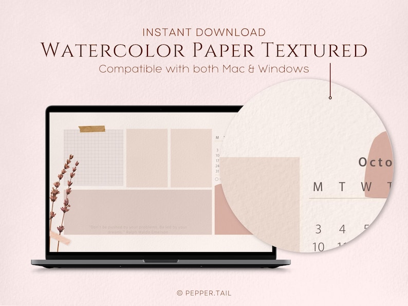May include: A laptop computer screen displaying a digital desktop calendar with a watercolor paper texture. The calendar is in a light pink color scheme with a floral design and a note section. The text "October" is visible on the calendar.