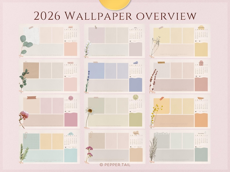 May include: A set of 12 printable 2026 calendar wallpapers with a minimalist aesthetic. Each wallpaper features a different color scheme and floral design. The text "2026 WALLPAPER OVERVIEW" is at the top of the image.