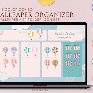 Puede incluir: Un organizador de papel tapiz de escritorio digital con un esquema de color pastel con globos aerostáticos. El organizador incluye nueve fondos de pantalla diferentes y 24 iconos de carpetas. El texto "Make today awesome" se muestra en la pantalla.