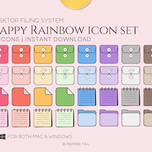 May include: A digital graphic set titled "HAPPY RAINBOW ICON SET" with 64 icons. The icons include colorful envelopes, notepads, and file folders in various colors like pink, orange, yellow, green, blue, purple, gray, and brown. The set is for Mac & Windows.