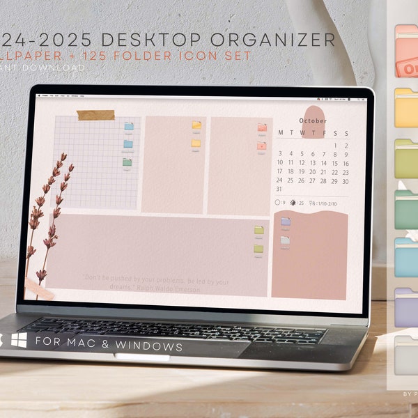 2024-2025 Fond d’écran de l’organisateur de bureau dans Rainbow Pastel et ensemble d’icônes de dossier pour Mac, fond d’écran de bureau, calendrier numérique, icônes de dossier de bureau