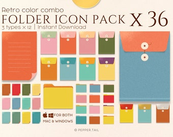 Retro Desktop Folder Icons, Vintage Color Combo (36 PNG & ICO)