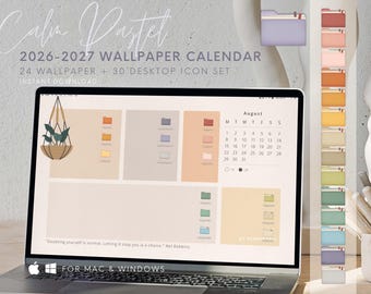 Plant Pastel｜2026-2027 Desktop Organizer Wallpaper + Folder Icon Set｜Mac Desktop Wallpaper｜Digital Background Calendar｜Desktop folder icons