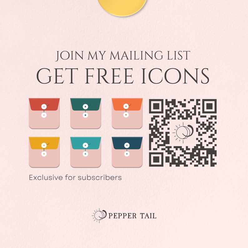 May include: Join my mailing list and get free icons. A QR code is displayed to scan with a smartphone. Exclusive for subscribers. Pepper Tail logo.