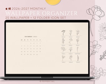 2026-2027 Floral Desktop Wallpaper Calendar + Folder Icons (Digital Download)