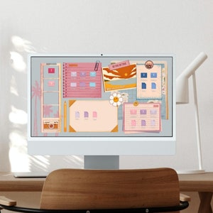 May include: A computer screen displaying a digital desktop with a summer theme. The desktop has a variety of colorful digital sticky notes, a digital photo, and a digital calendar. The text "Be Your Own Kind of Beautiful" is visible on one of the sticky notes.