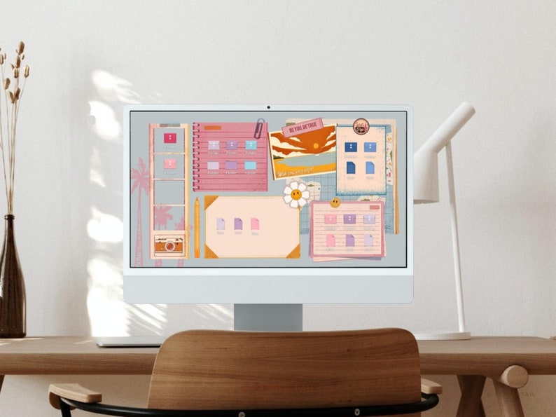 May include: A computer screen displaying a digital desktop with a summer theme. The desktop has a variety of colorful digital sticky notes, a digital photo, and a digital calendar. The text "Be Your Own Kind of Beautiful" is visible on one of the sticky notes.