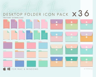 May include: A set of 36 pastel-colored folder icons for desktop use. The icons are designed in a simple, modern style with a paper-like texture and a button closure. The icons are available for both Mac and Windows operating systems.