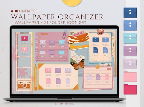 Retro Blue Desktop Organizer Wallpaper｜Laptop Wallpaper｜Desktop Wallpaper Organizer｜Computer Wallpaper｜Macbook Wallpaper + Desktop icons Set