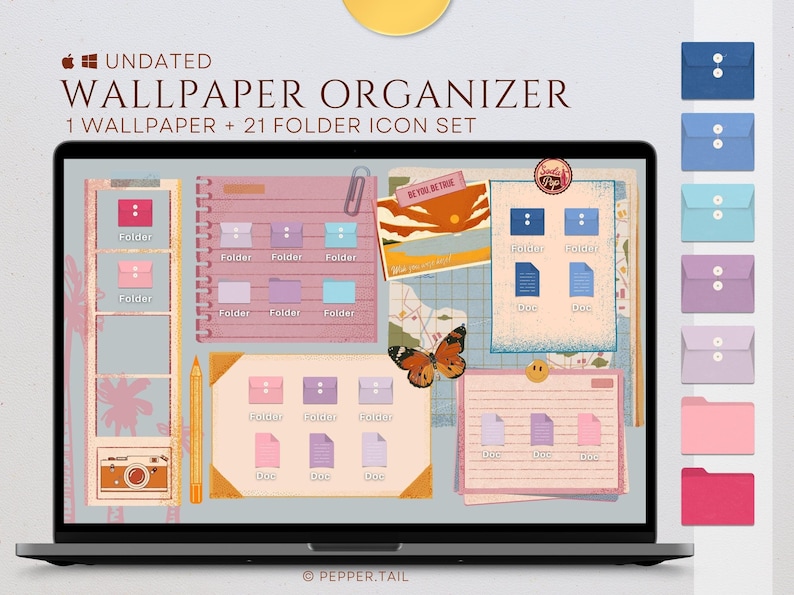 May include: A digital desktop wallpaper organizer with a vintage aesthetic. The wallpaper features a blue sky, a yellow sun, and a butterfly. There are also several folders and documents with different colors and designs. The text "BE YOU BE TRUE" is visible on a piece of paper.
