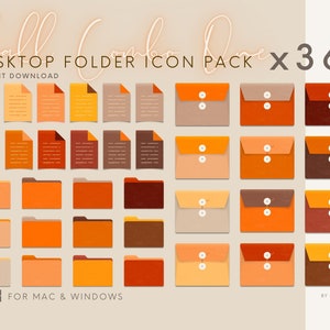 May include: A set of 36 fall-themed folder icons for desktop use. The icons feature a variety of colors, including orange, brown, and beige. The icons are designed for both Mac and Windows operating systems.