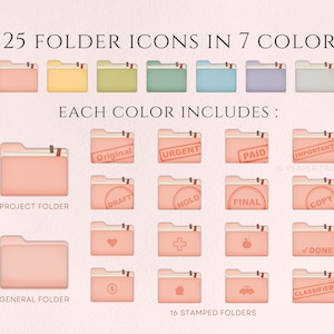 May include: A set of 125 folder icons in seven different colors, including pink, yellow, green, blue, purple, and gray. Each color includes 16 stamped folders with different labels, such as "Original", "Urgent", "Paid", "Draft", "Hold", "Final", "Important", "Copy", "Done", and "Classified".