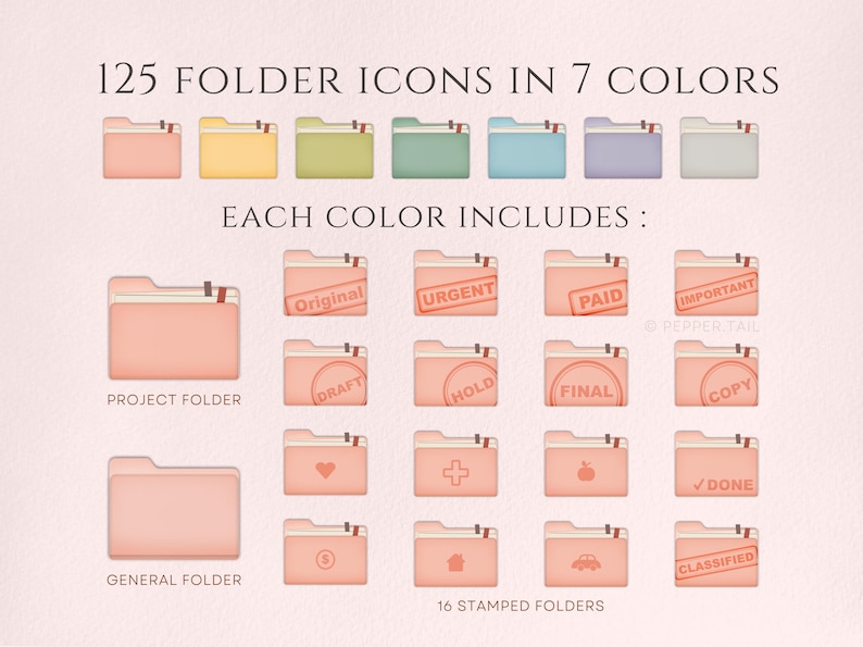 May include: A set of 125 folder icons in seven different colors, including pink, yellow, green, blue, purple, and gray. Each color includes 16 stamped folders with different labels, such as "Original", "Urgent", "Paid", "Draft", "Hold", "Final", "Important", "Copy", "Done", and "Classified".