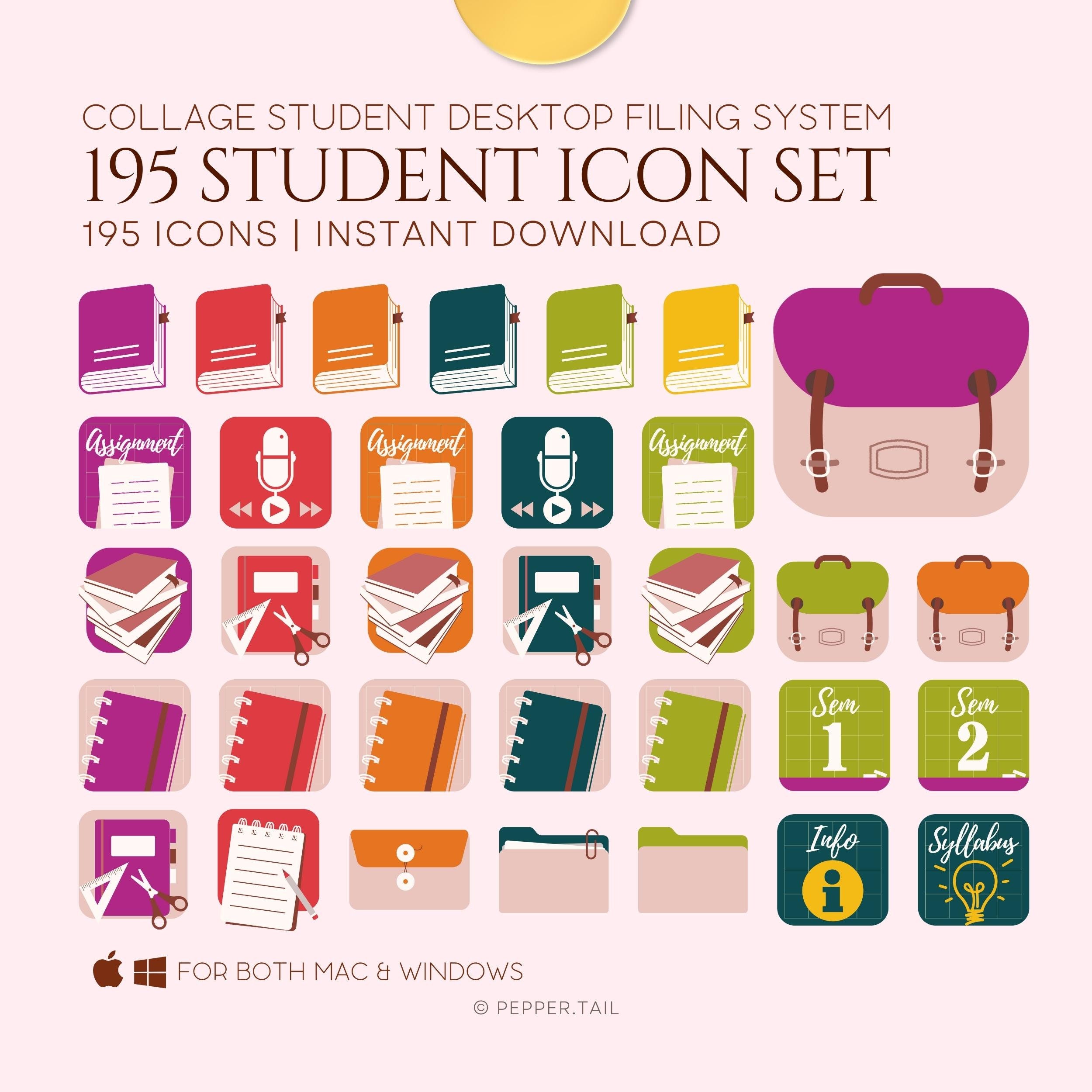 Student Desktop Folder Icon Pack, 195 Mac & Windows Icons (digital ...