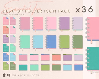 May include: A set of 36 colorful folder icons for desktop computers. The icons feature a variety of colors, including pink, green, blue, and purple. The icons are designed to look like notebooks with a spiral binding. The text "DESKTOP FOLDER ICON PACK x36" is at the top of the image. The text "INSTANT DOWNLOAD" is below the title. The text "FOR MAC & WINDOWS" is at the bottom of the image.
