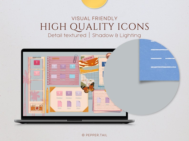May include: A laptop screen displaying a collection of digital planner stickers. The stickers are in a variety of colors and designs, including folders, butterflies, and palm trees. The text "VISUAL FRIENDLY HIGH QUALITY ICONS Detail textured | Shadow & Lighting" is displayed at the top of the screen.