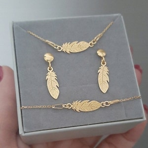 Gold feather jewelry set 925 Sterling Silver