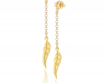 Gold long feather earrings 925 Sterling Silver