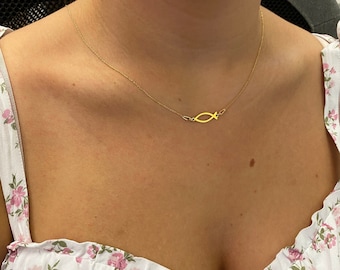 Gold Ichthys symbol necklace 925 Sterling Silver, &quot;Jesus fish&quot; necklace