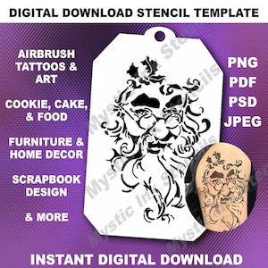 May include: A digital download stencil template featuring a detailed silhouette of Santa Claus with a holly sprig. The stencil is suitable for airbrushing, tattoos, art, cookies, cakes, food, furniture, home decor, scrapbooking, and more. The image includes the text "INSTANT DIGITAL DOWNLOAD".