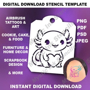 Op de afbeelding: Een digitale download sjabloontemplate met een schattig axolotl dat een hart vasthoudt. De sjabloon is perfect voor het airbrushen van tatoeages, het decoreren van taarten, het maken van woonaccessoires en scrapbooking.