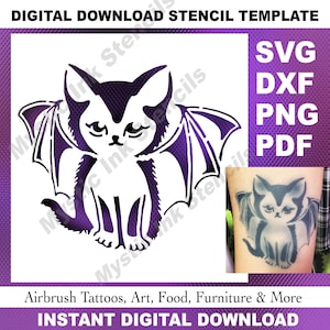 May include: A digital stencil template featuring a purple and white graphic of a cat with bat wings. The image includes text reading DIGITAL DOWNLOAD STENCIL TEMPLATE, SVG, DXF, PNG, PDF, and Airbrush Tattoos, Art, Food, Furniture & More.