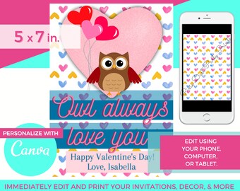 Editable Valentine's Day Card-Vertical 5x7 inches-Personalized Print Digital Download- Cute Owl Boy Girl Unisex Valentine
