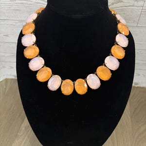 Vintage J.Crew statement ketting-armbandset | Perzikroze kwarts, goudkleur
