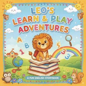 Può includere: Copertina di un libro per bambini "Leo's Learn & Play Adventures". Raffigura un leone dei cartoni animati seduto su libri, un arcobaleno, numeri, lettere e un mappamondo. Lo sfondo è un cielo blu con nuvole e soli sorridenti. Un divertente libro di storie in inglese.